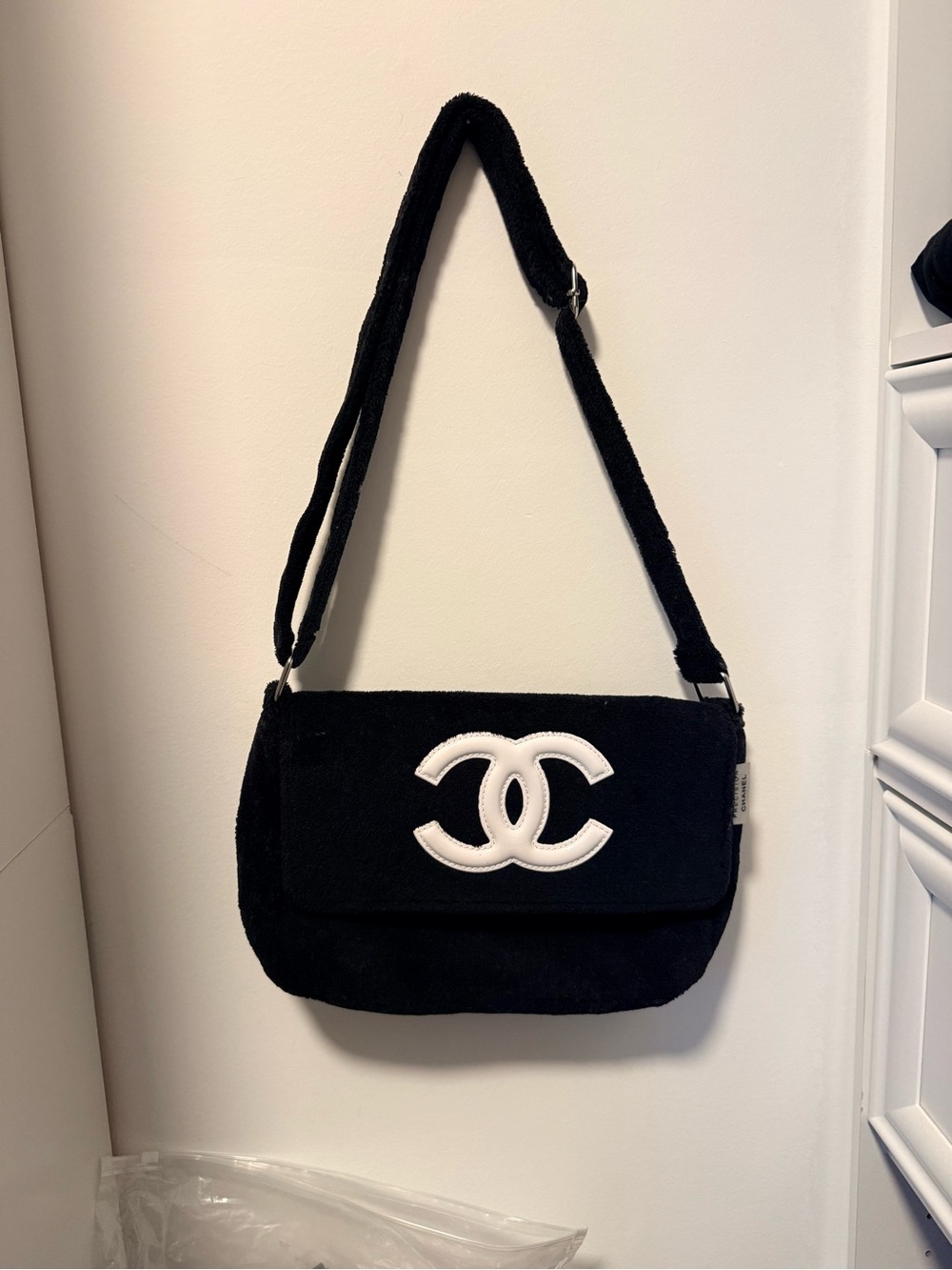 Authentic Chanel Black Shoulder Bag with White Logo Accent